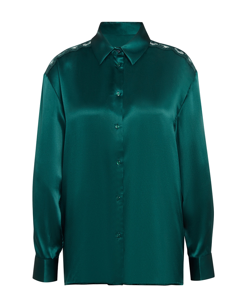 Camisola de Pijama de Seda Fluida Verde-escuro-7