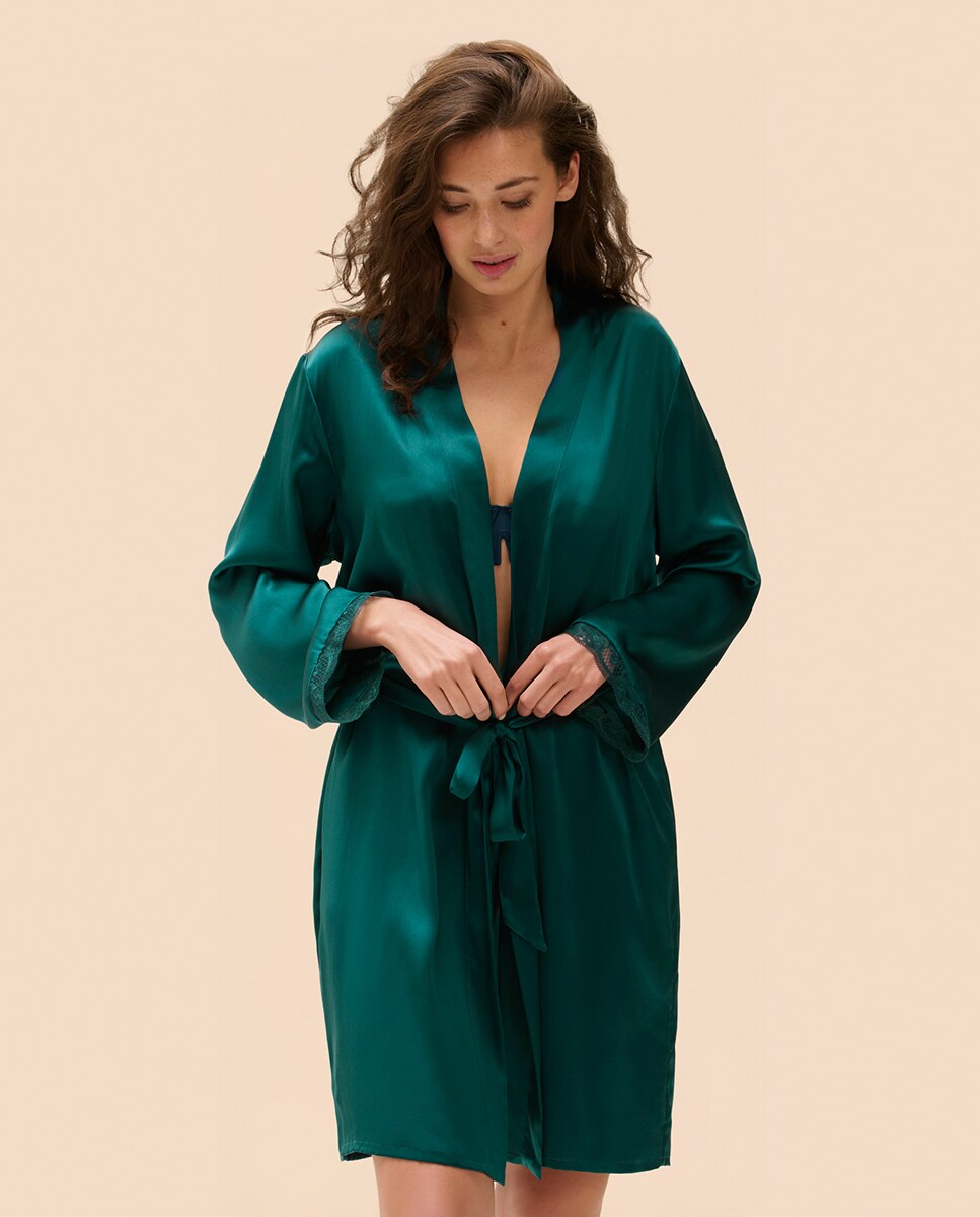 Kimono de Seda Verde-escuro-1