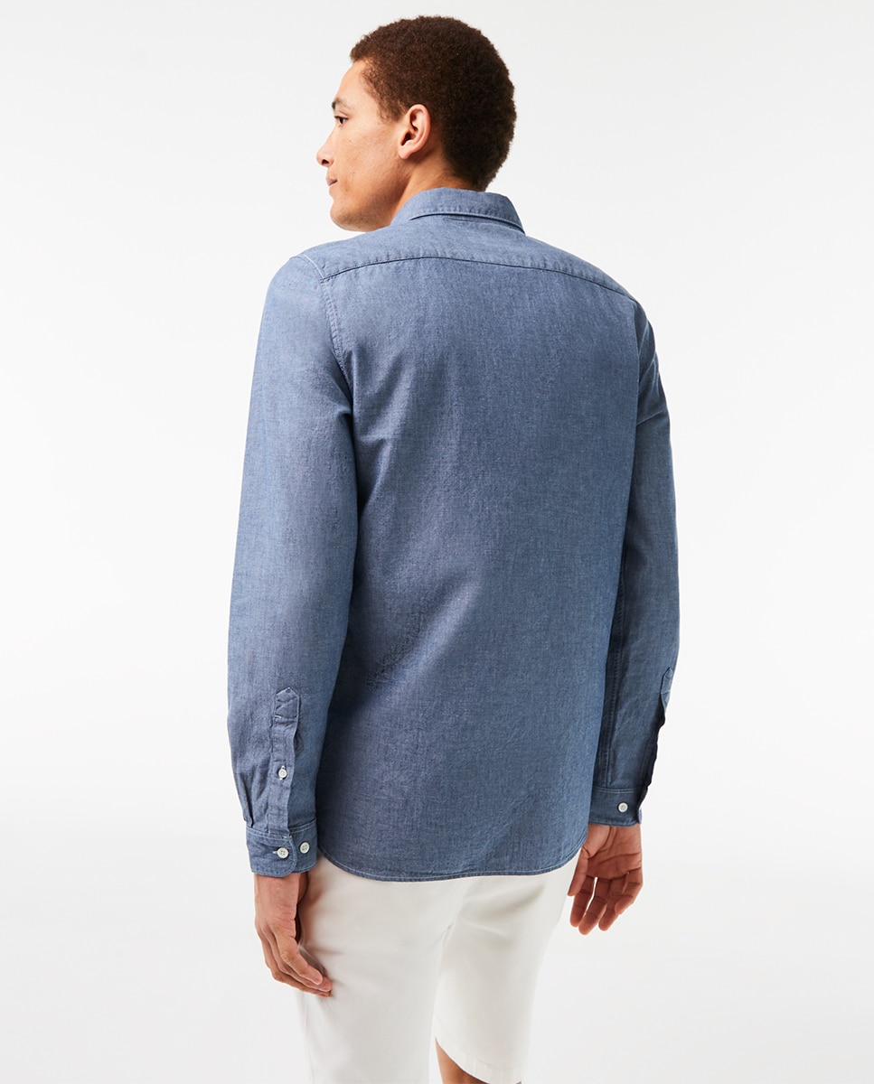 Camisa Slim em Chambray de Algodão Azul-2
