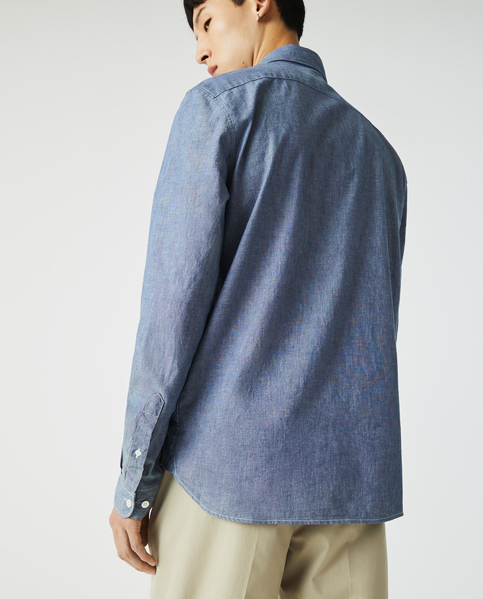 Camisa Slim em Chambray de Algodão Azul-5