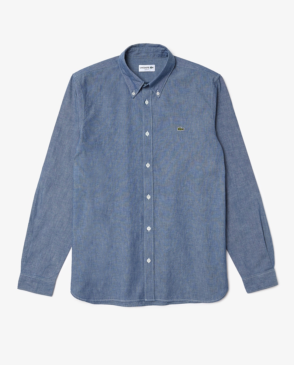 Camisa Slim em Chambray de Algodão Azul-6