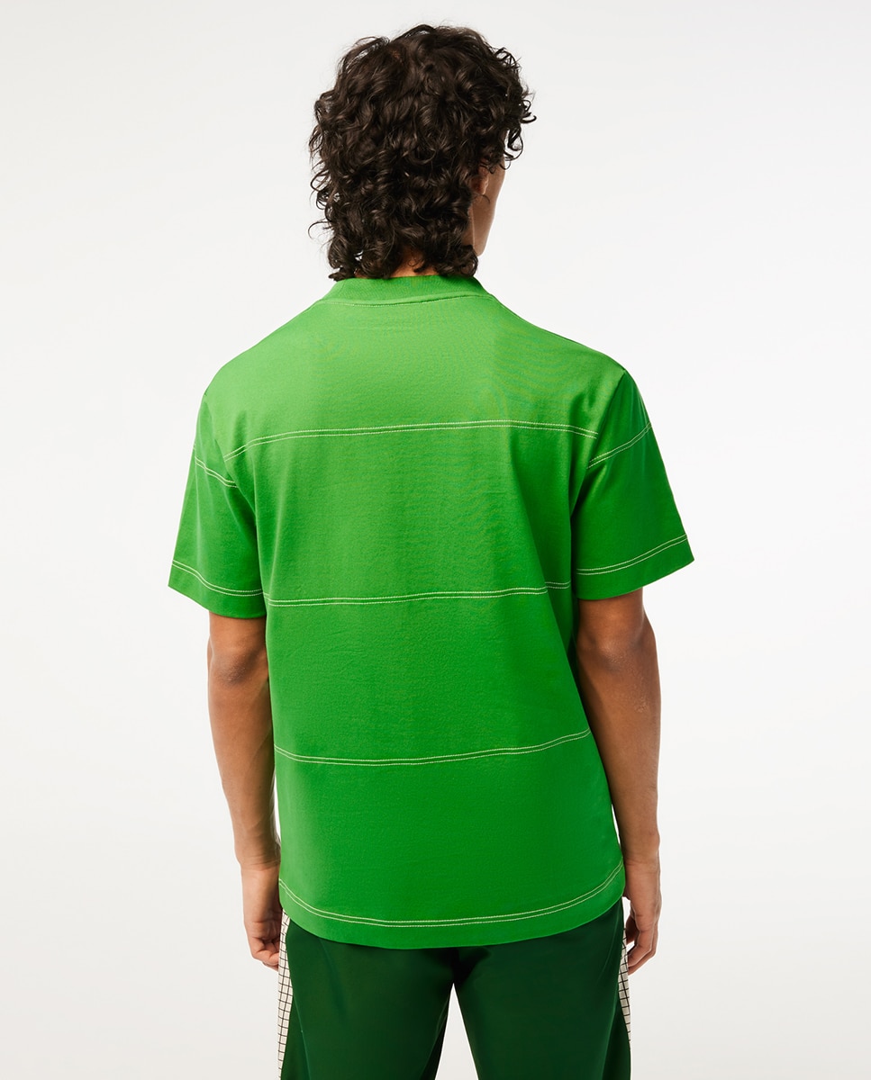 T-shirt de Malha de Algodão Ecológico às Riscas Verde-2