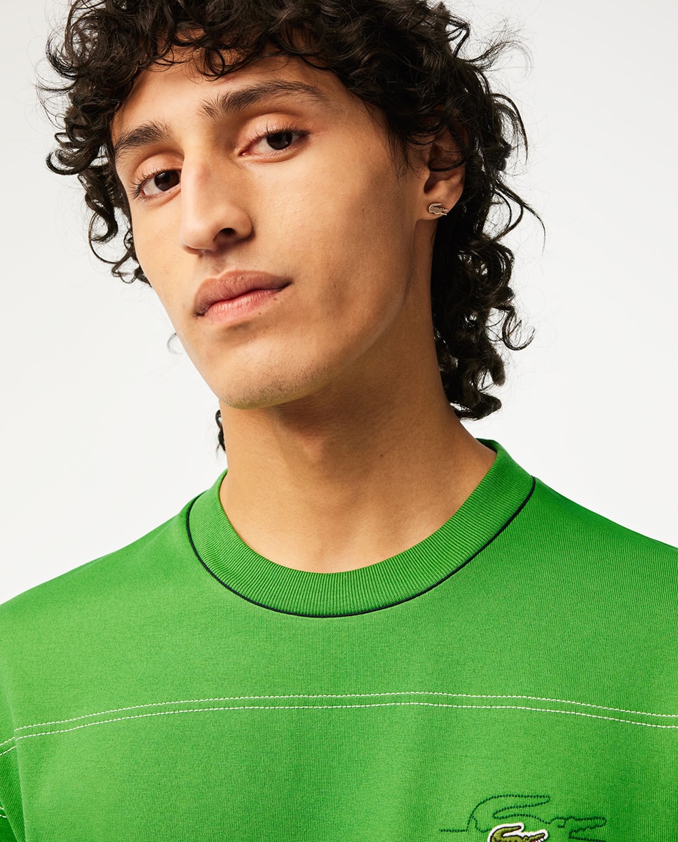 T-shirt de Malha de Algodão Ecológico às Riscas Verde-3