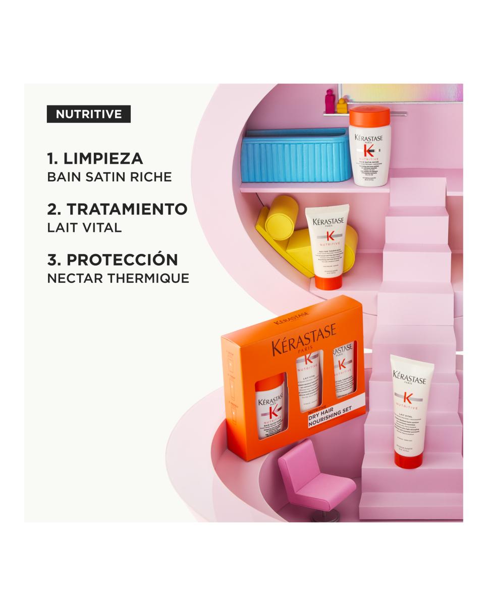 Imagen 3 de Cofre Nutritive con Champú Bain Satin Riche, Acondicionador Lait Vital y Nectar Thermique Kérastase