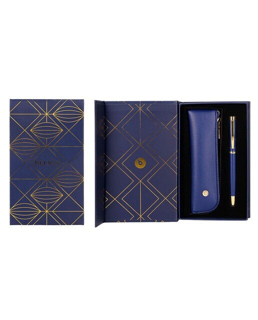 Esferográfica e Estojo en caixa de design Soiree Belius azul marino e dourado Azul-marinho-2