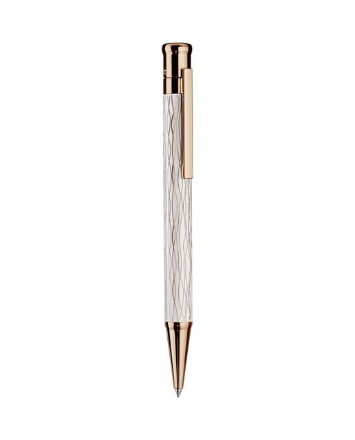 Bolígrafo lacado blanco con guilloche ondulado en oro rosa, capuchón y herrajes en oro rosa Otto Hutt Blanco-2