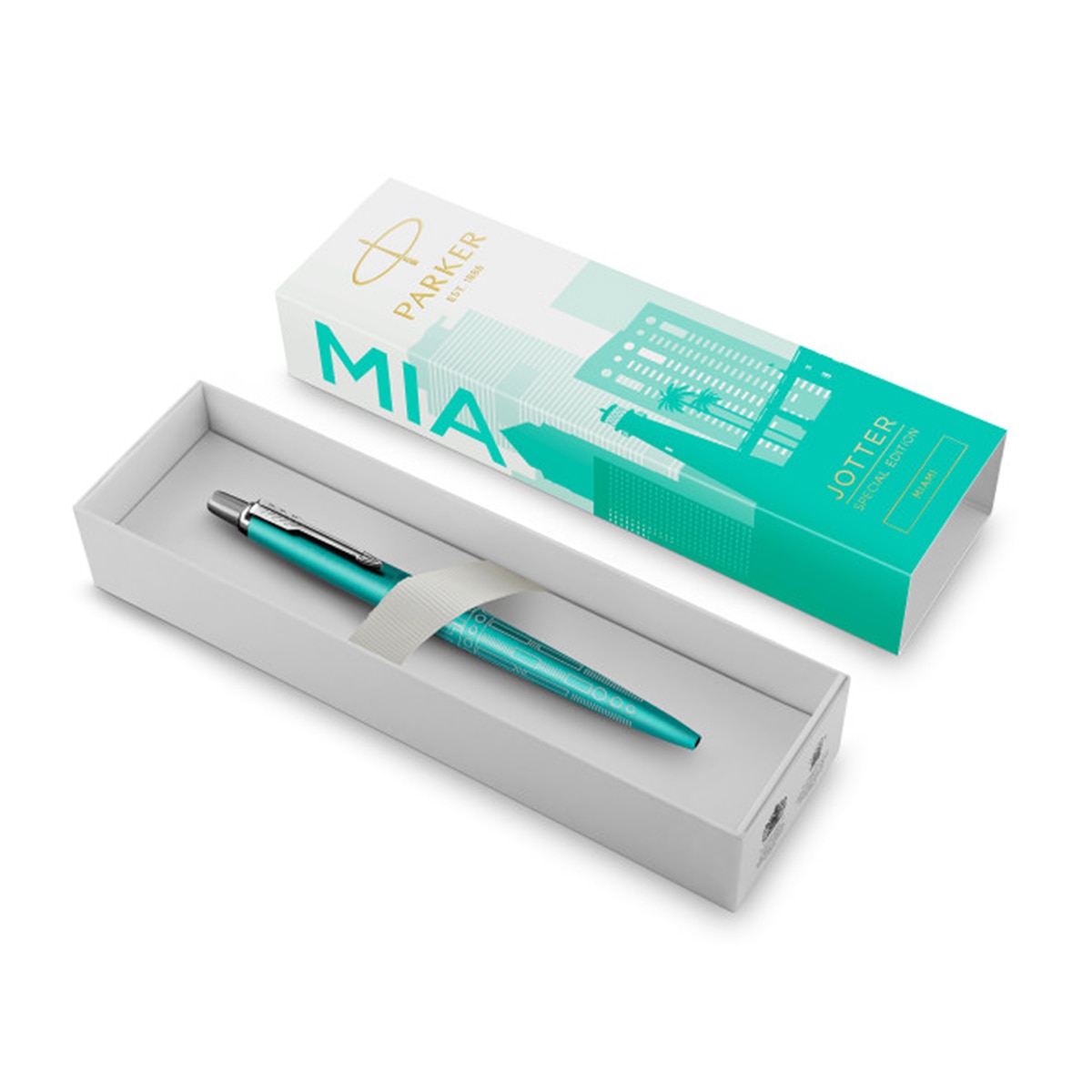 Esferográfica Jotter Edição Especial Miami com Rebordo Cromado Ponta Media e Tinta Azul, Acompanhada de uma Caixa de Presente Turquesa Turquesa / Prateado-2
