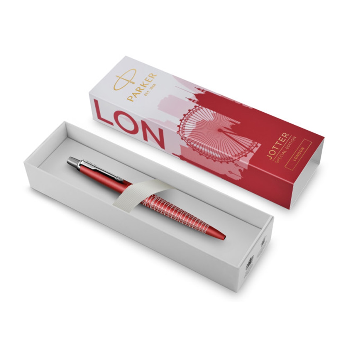 Esferográfica Jotter Edição Especial Londres com Rebordo Cromado Ponta Media e Tinta Azul, Acompanhada de uma Caixa de Presente Turquesa Vermelho / Prata-2