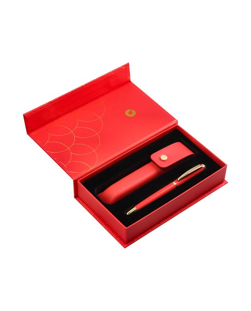 Caneta e estojo textura escovada em estojo de design Passion Dor Belius vermelho e dourado Vermelho-6