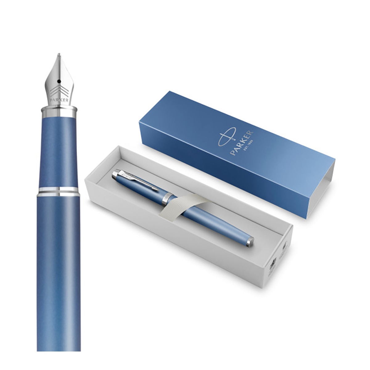 Pluma estilográfica Parker IM Writing Rituals acabado Azul degradado con adornos cromados plumín fino tinta azul estuche de regalo Azul-1