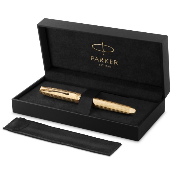 Esferográfica Parker Sonnet Ciselé Edición Especial, Tampa, Corpo e Acabamento em Oro, Ponta Fina, Ponta de Oro Maciço 18 Quilates - Preto Dourado-2