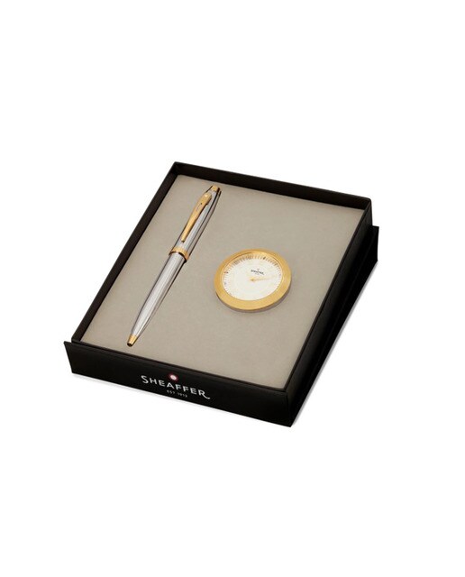 Conjunto De Relógio De Mesa Com Caneta 100 Acabada Em Cromo Com Detalhes Dourados Sheaffer Crómio / Dourado-1