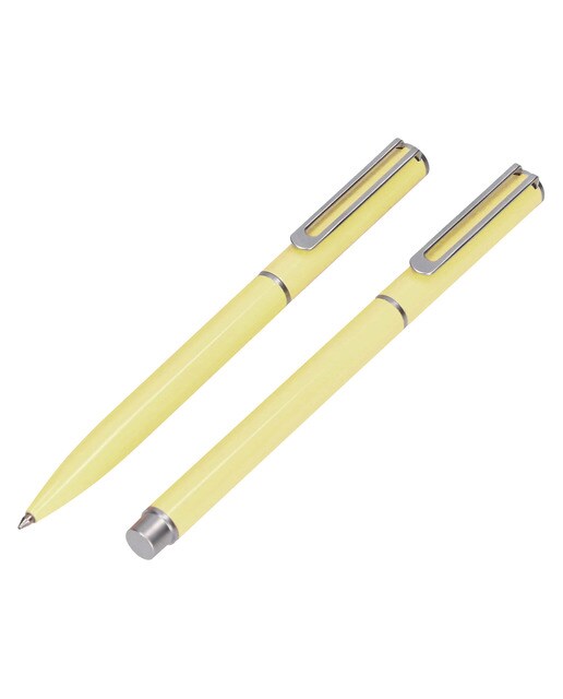 Conjunto de esferográfica e caneta rollerball em caixa de design  Endless Summer Belius amarelo e prateado Amarelo-12