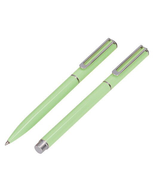 Conjunto de esferográfica e caneta rollerball em caixa de design Endless Summer Belius verde e prateado Verde-11
