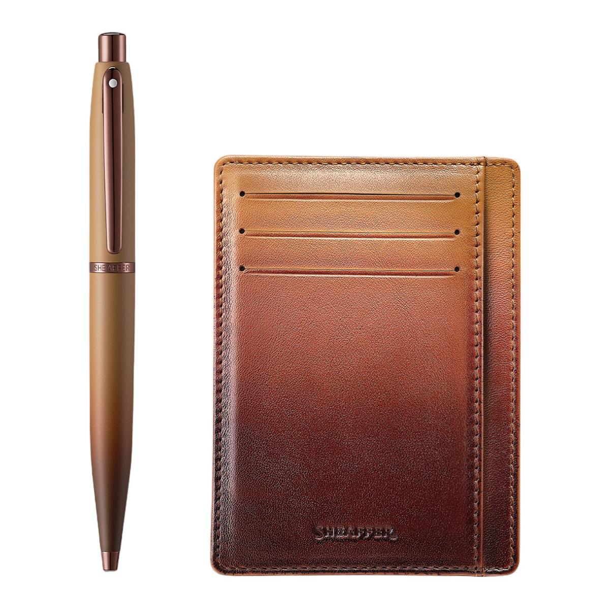Juego para regalo de bolígrafo Coffee Edition marrón mate con detalles en marrón y tarjetero Marrón-2