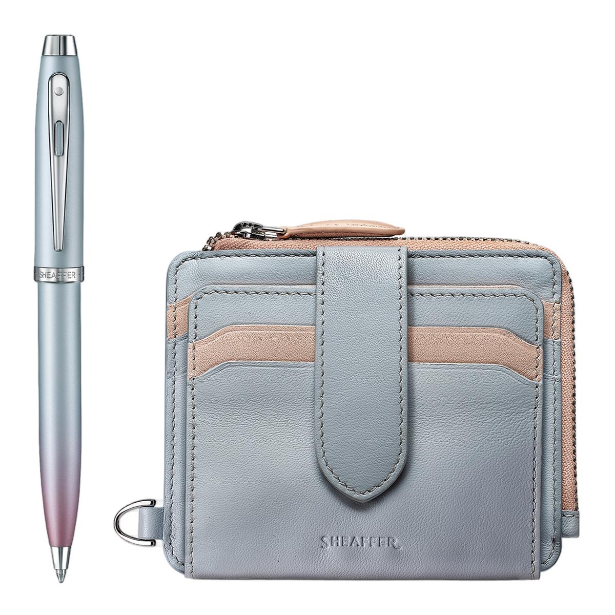 Juego para regalo de bolígrafo nácar degradado con detalles cromados y Cartera de piel Nácar-2