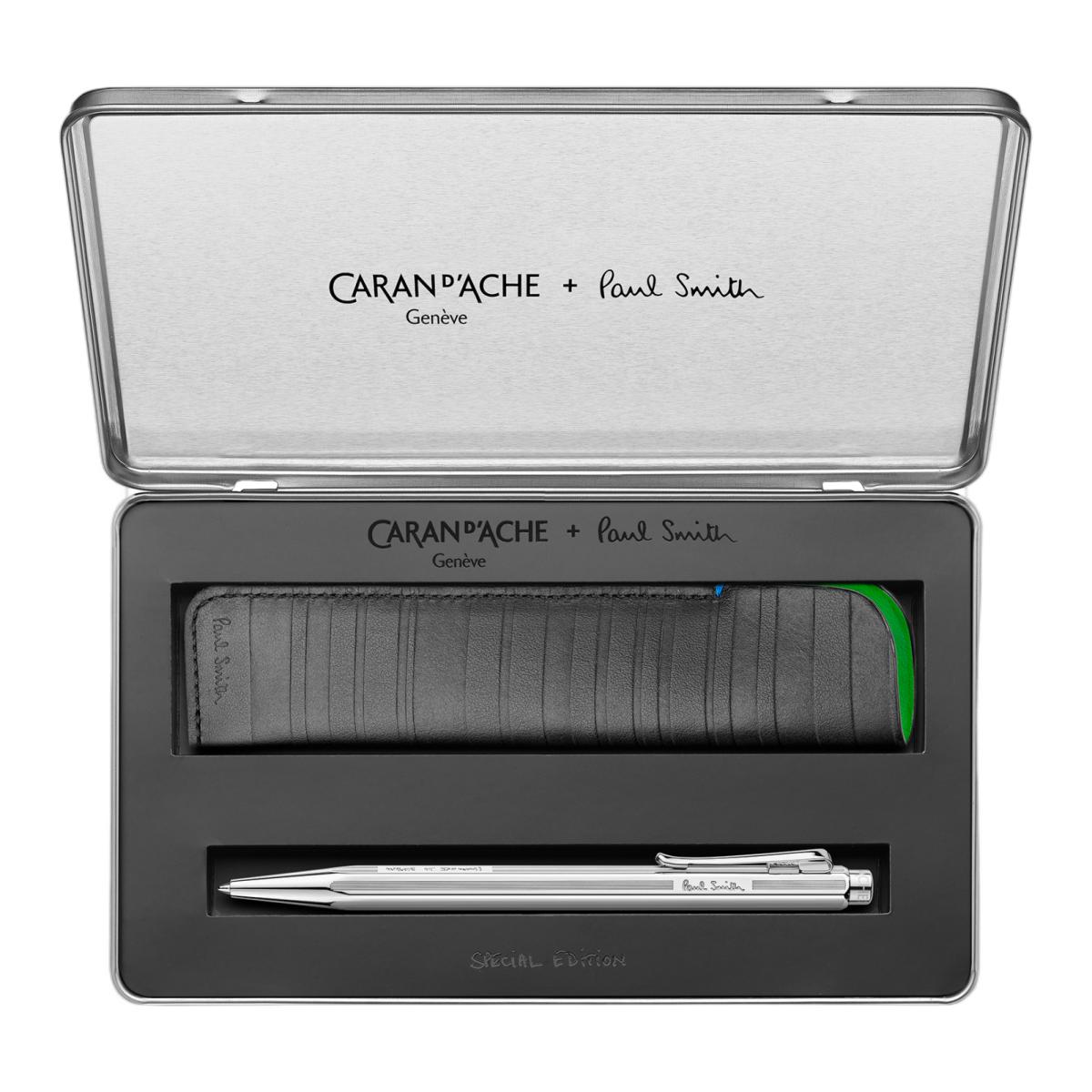 Conjunto de Caneta Ecridor Paul Smith Caran d'Ache com Capa Pele Prata-2