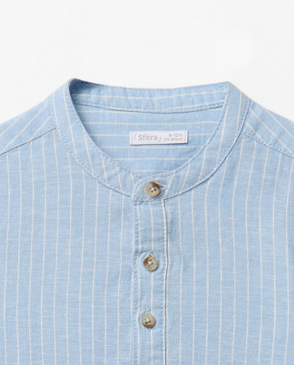 Camisa às Riscas de Linho Sfera Azul-2