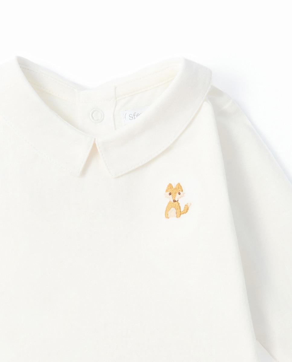 T-shirt com Gola Bordada Branco-marfim-2
