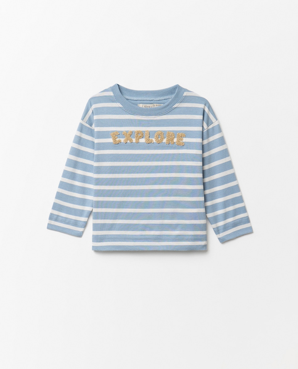 T-shirt às Riscas com Emblema Azul-claro-1