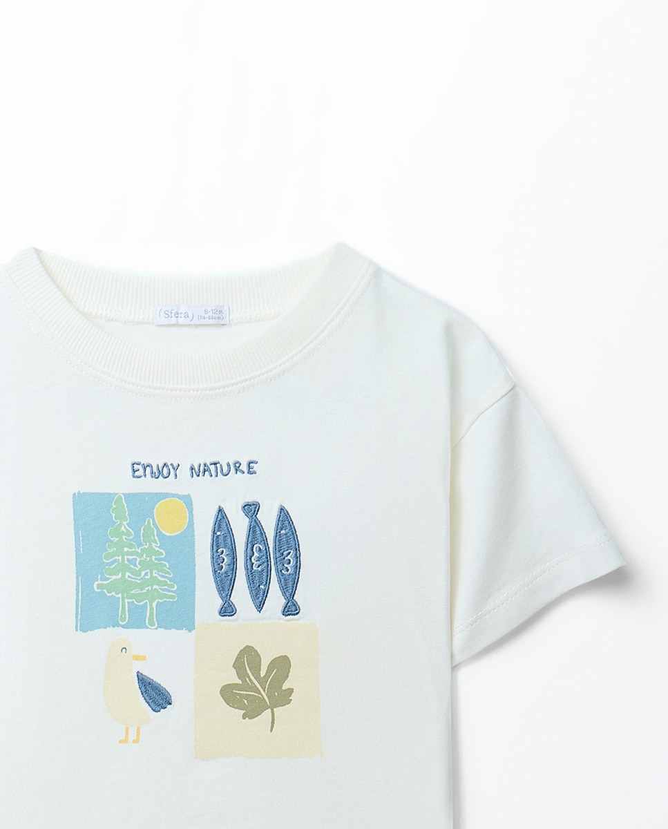 T-shirt com Bordado de Peixes Branco-marfim-2