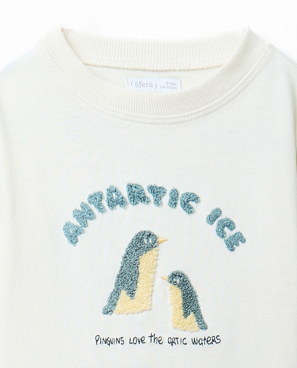 T-shirt de Toalha com Bordado de Pinguim Sfera Branco-marfim-2