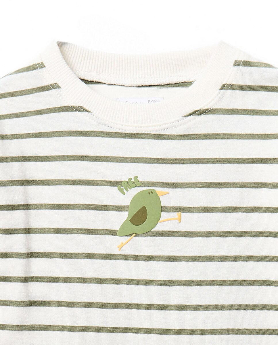 T-shirt às Riscas com Pássaro Sfera 520 Caqui-2