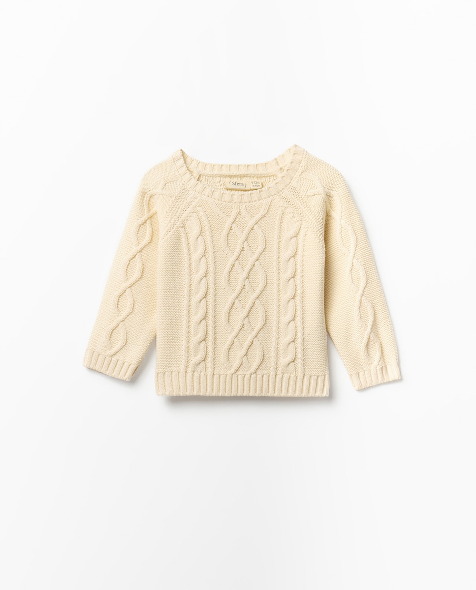 Camisola de Malha do Cabo Entrançada Cru-3