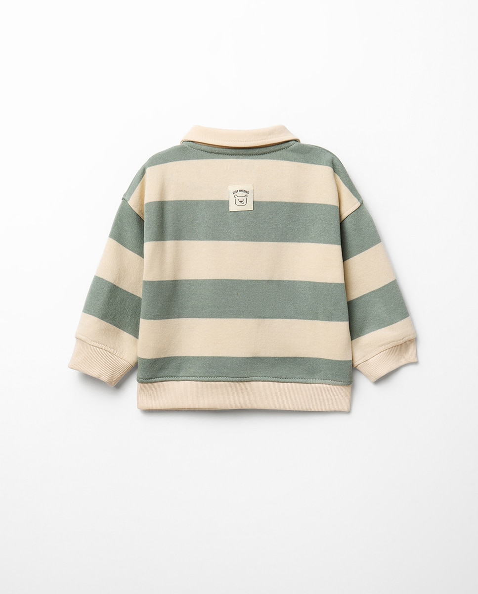 Sweatshirt às Riscas com Colarinho de Polo Verde-4