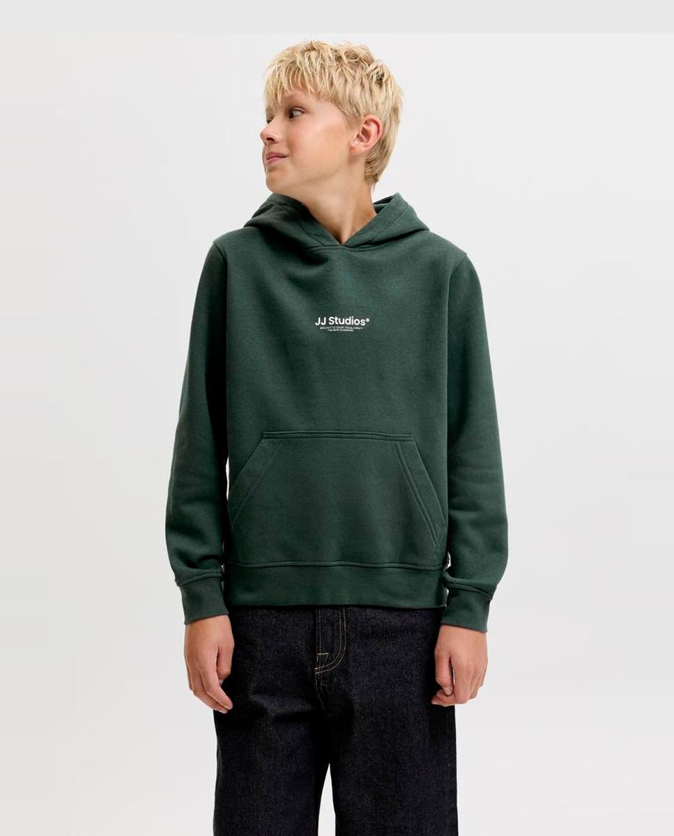 Sweatshirt de Felpa com Capuz e Estampado à Frente Verde-escuro-1