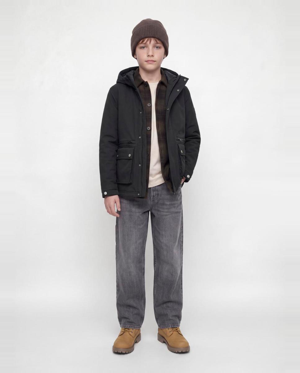 Parka com Capuz e Fecho de Correr e Botões Preto-2
