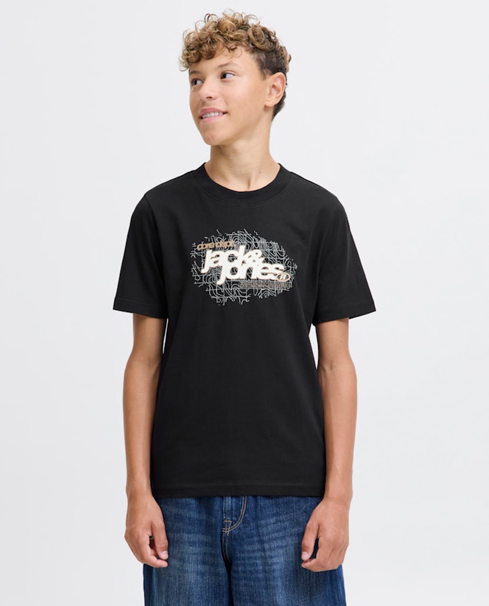 T-shirt de Manga Curta com Estampado à Frente Preto-1