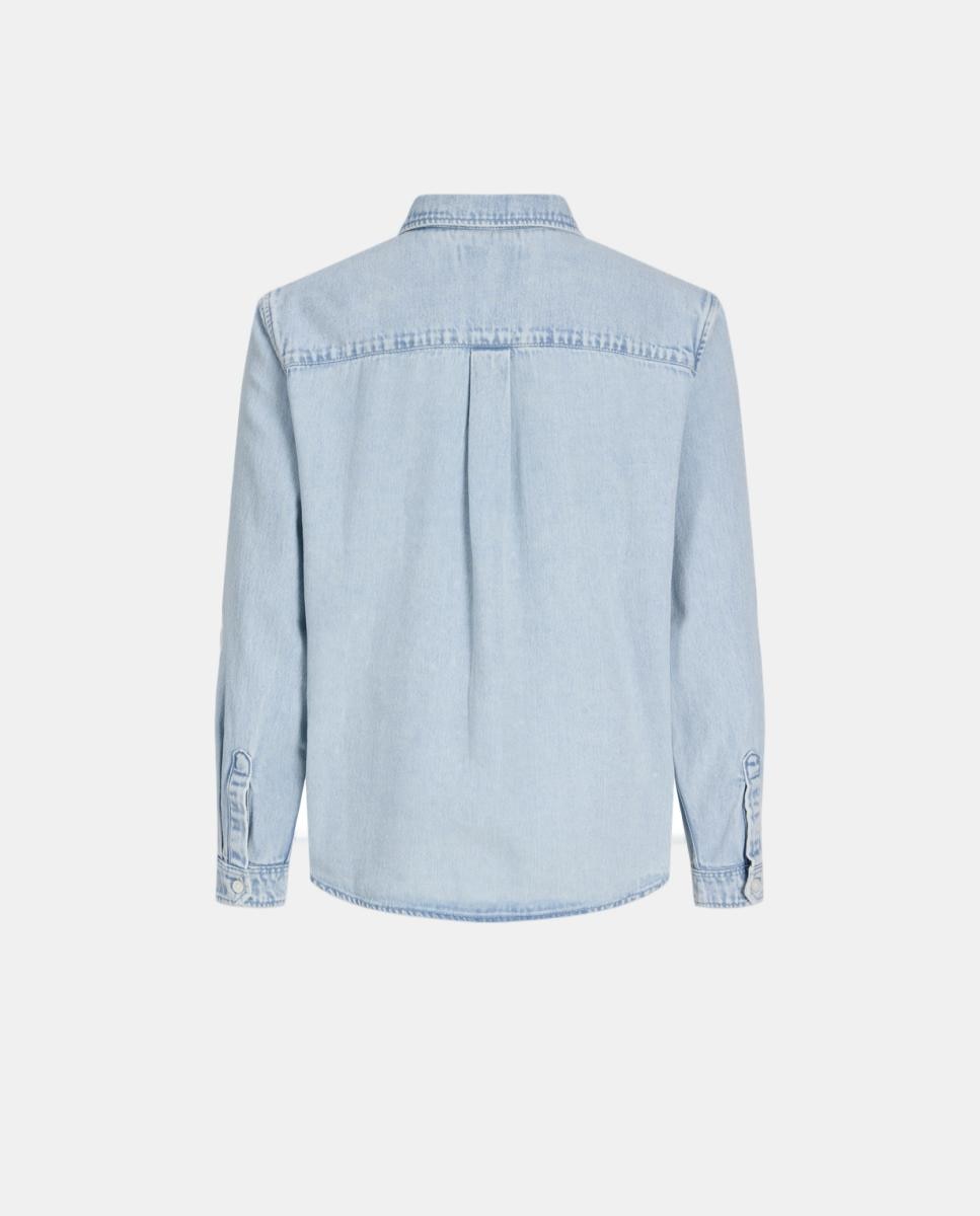 Camisa de Ganga com Manga Comprida Azul-8