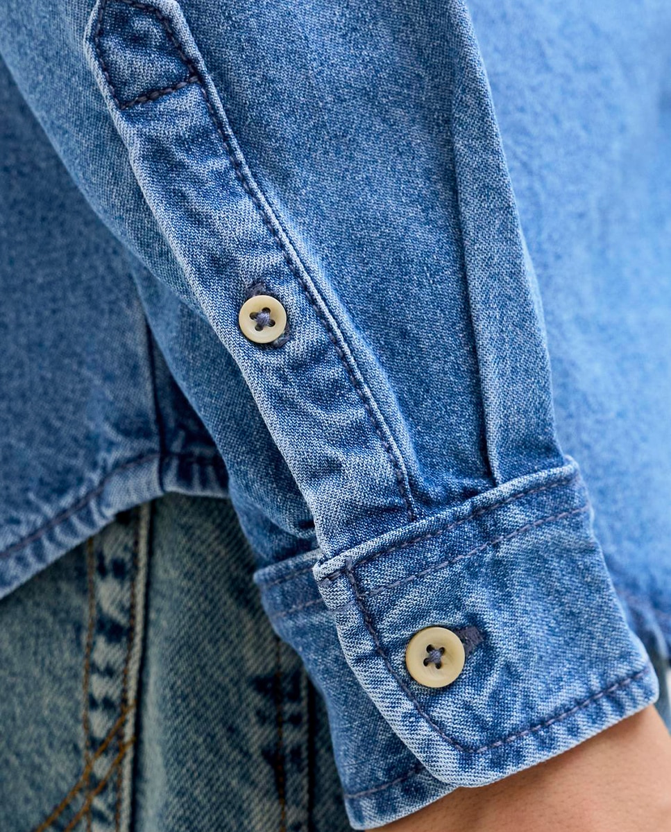 Camisa de Ganga com Manga Comprida Azul-3