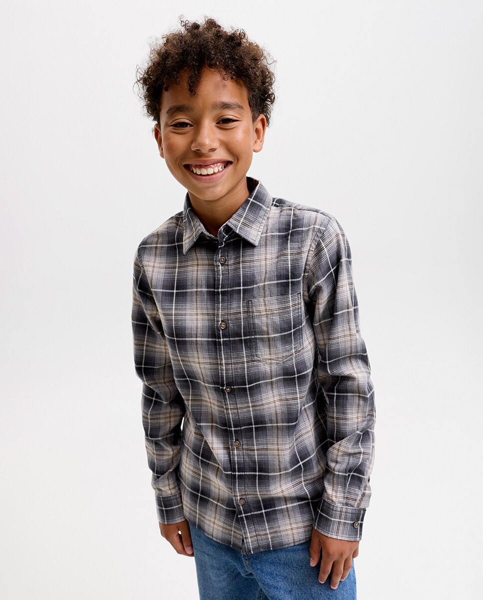 Camisa de Flanela aos Quadrados com Manga Comprida Preto-3