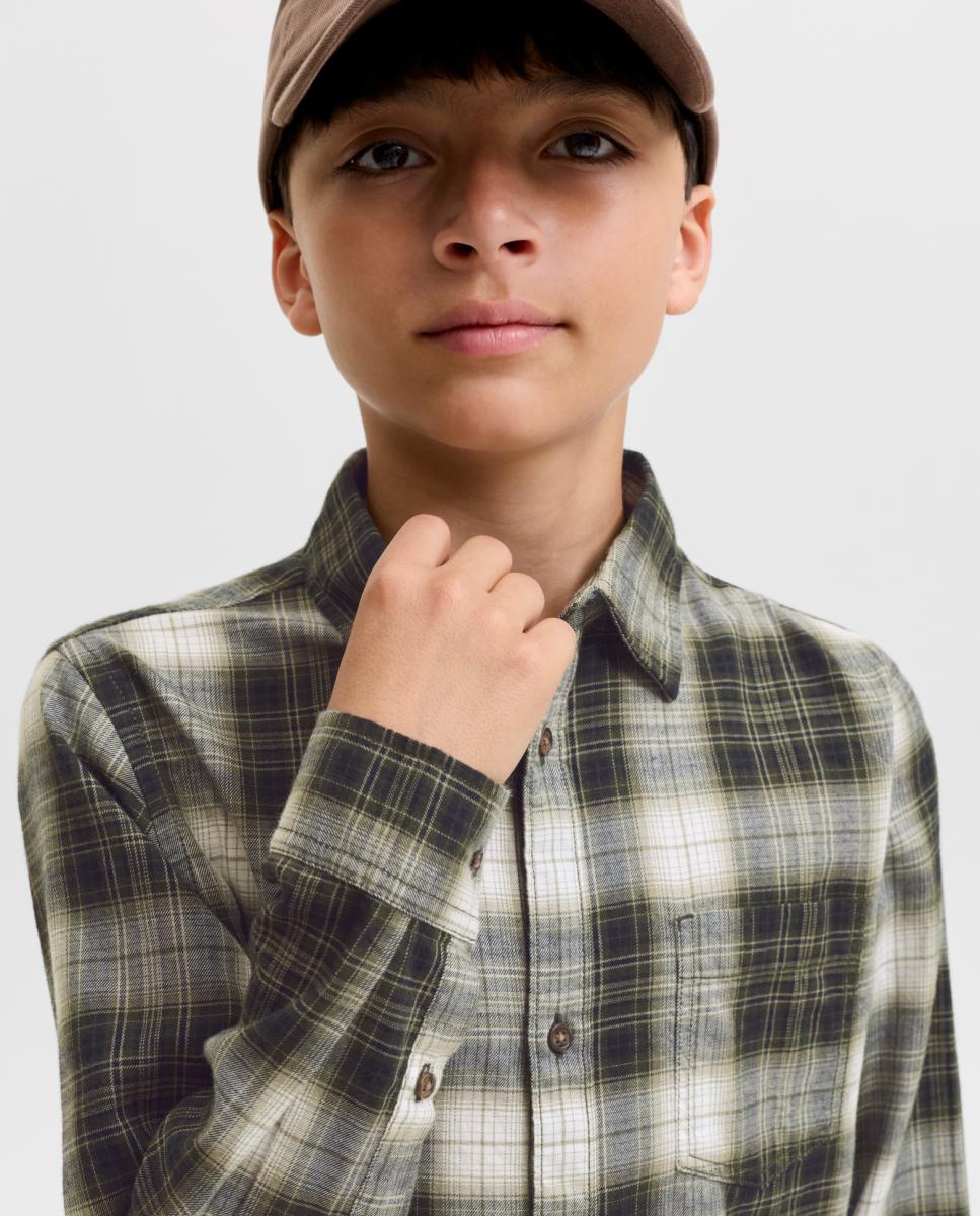 Camisa de franela de niño a cuadros de manga larga - Jack & Jones - Verde militar Verde militar-3