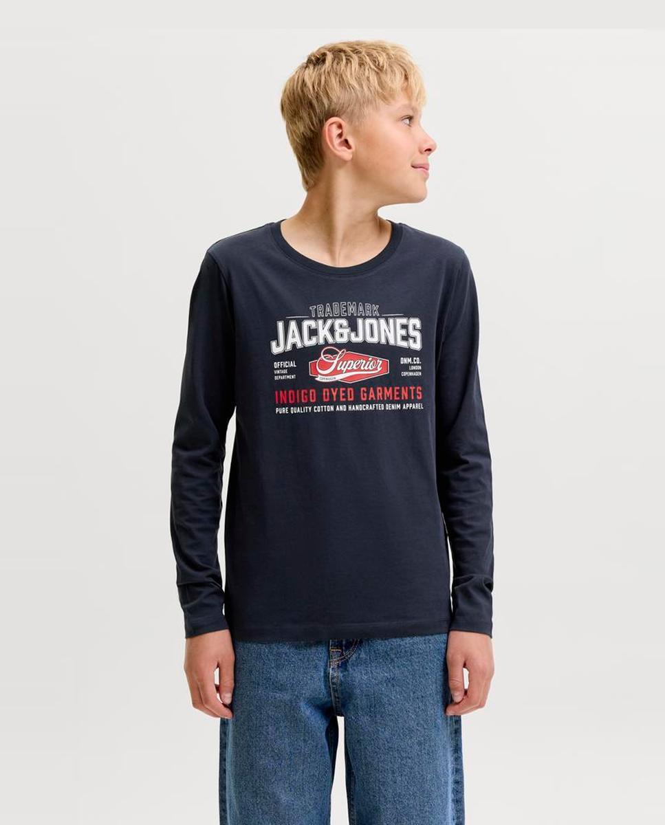 Camiseta manga larga de niño con print frontal - Jack & Jones - Azul marino Azul marino-1