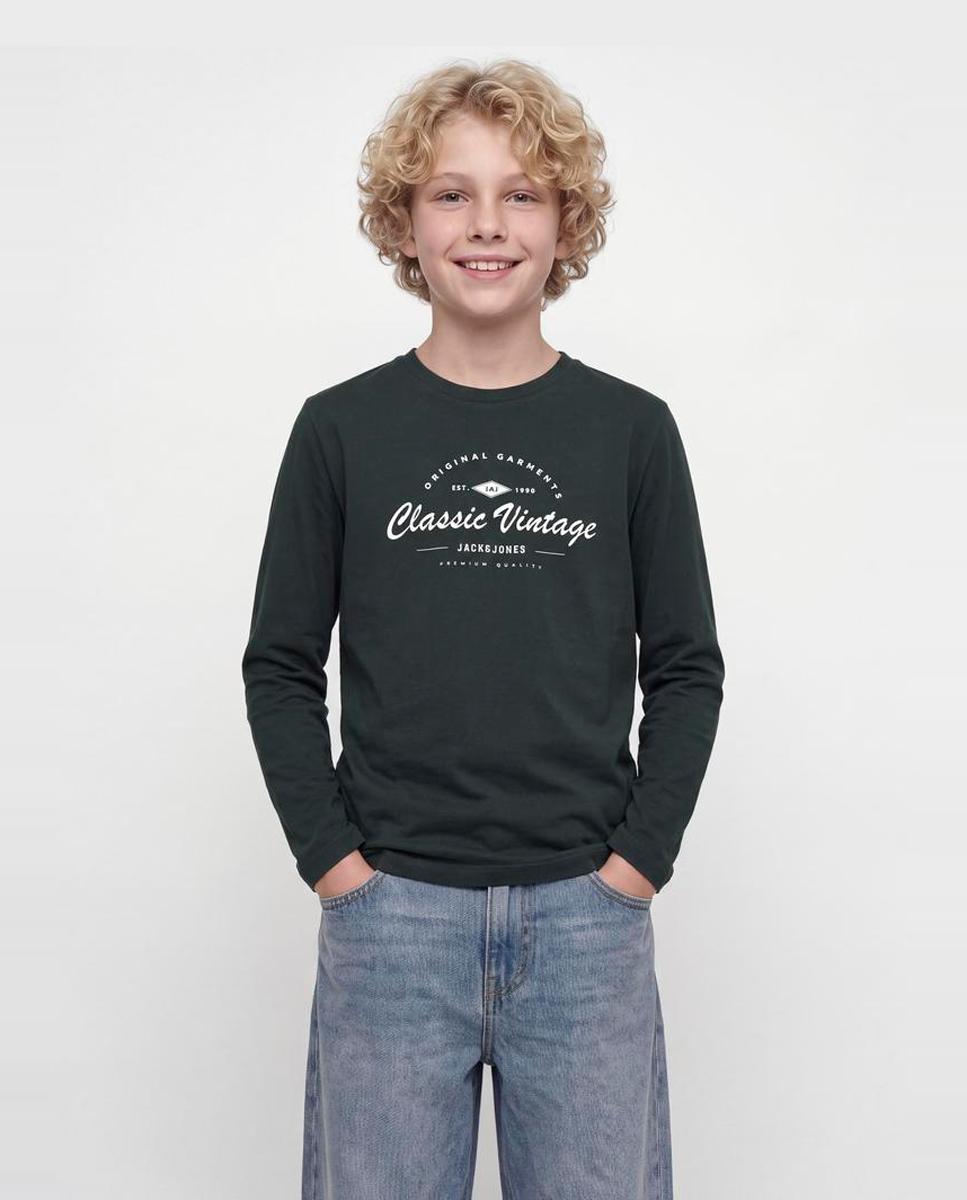 Camiseta de niño manga larga con print frontal - Jack & Jones - Verde oscuro Verde oscuro-1