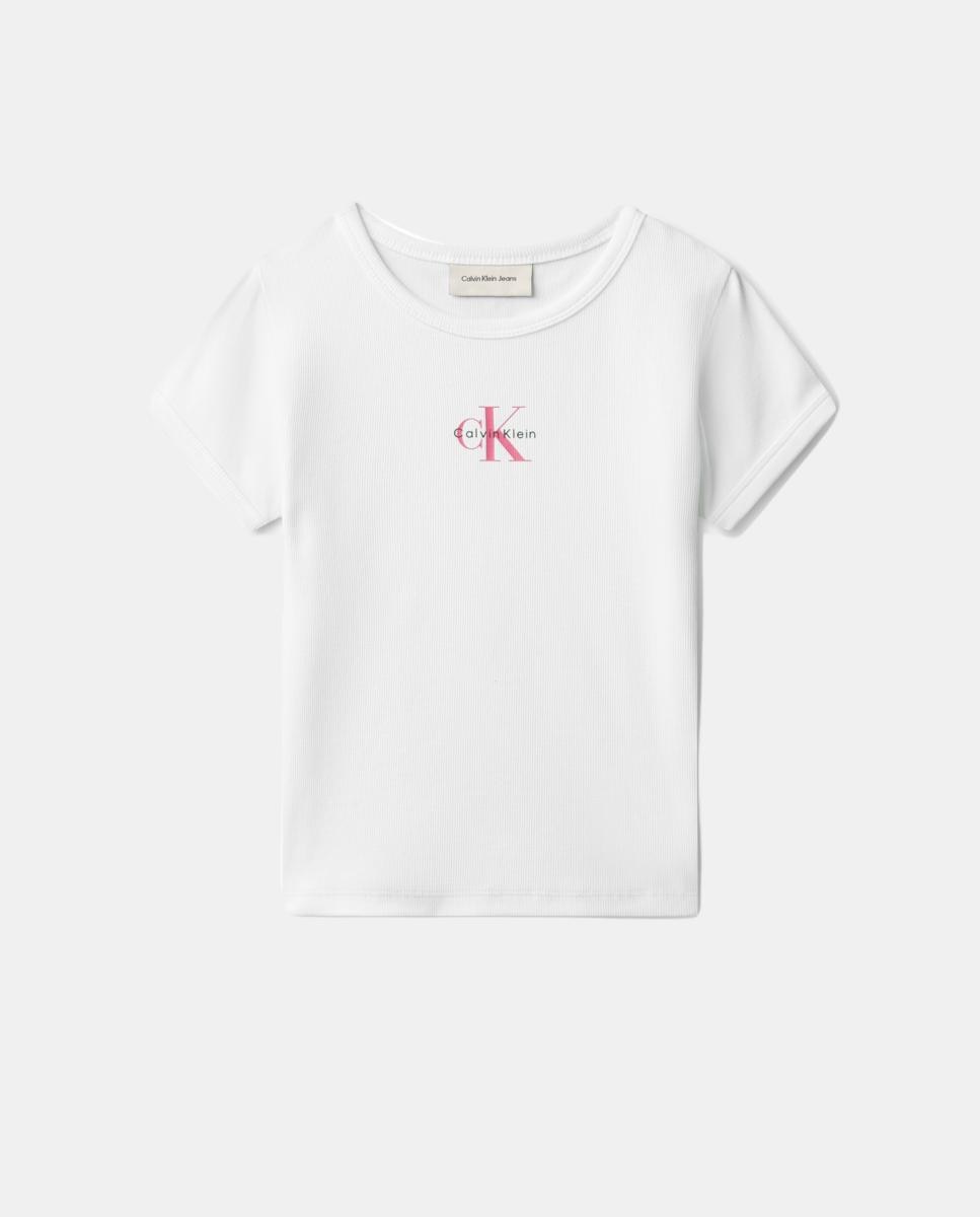 T-shirt Canelada com Monograma Calvin Klein Branco-6