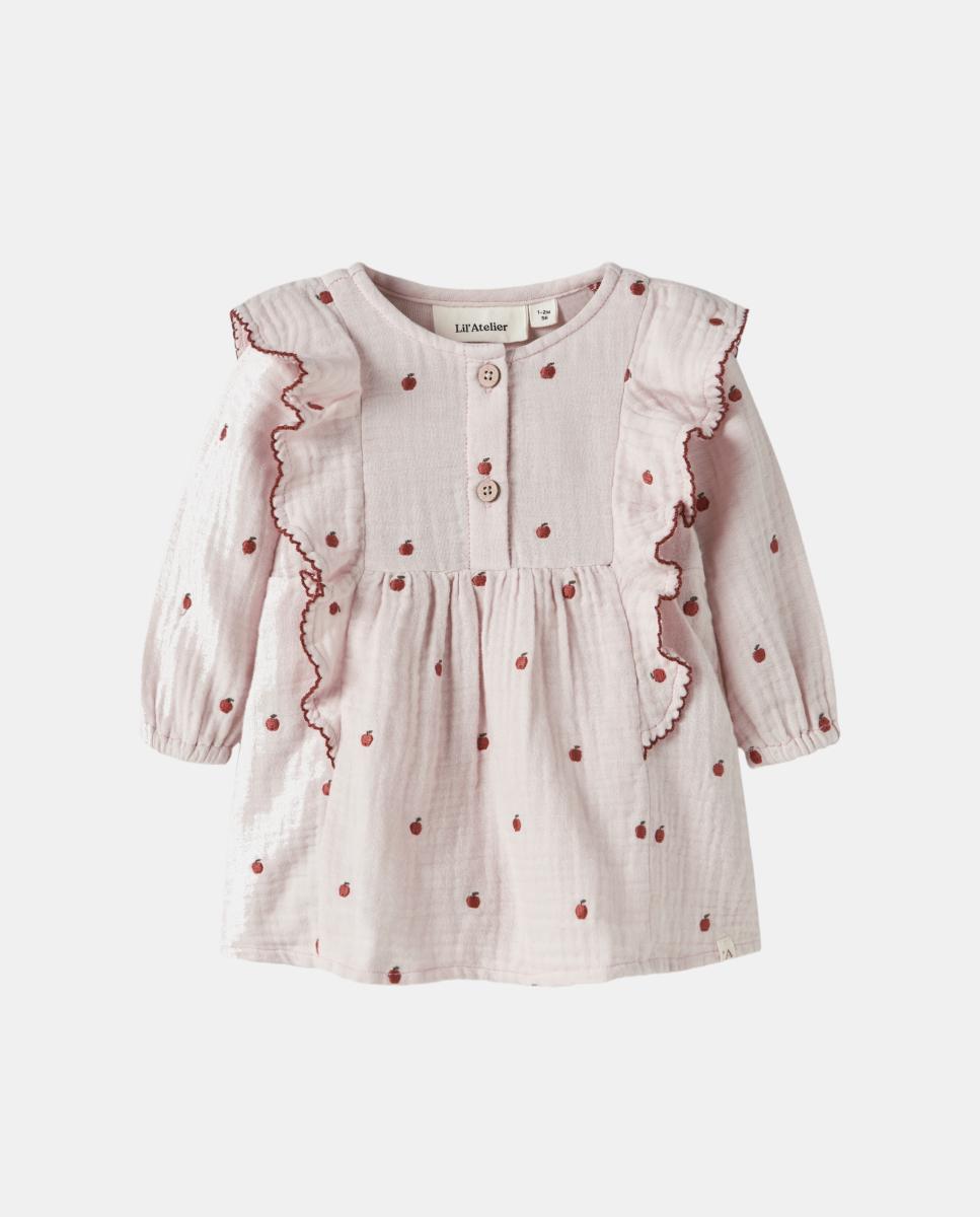 Vestido com Manga Comprida e Bordado de Maçãs Rosa-2