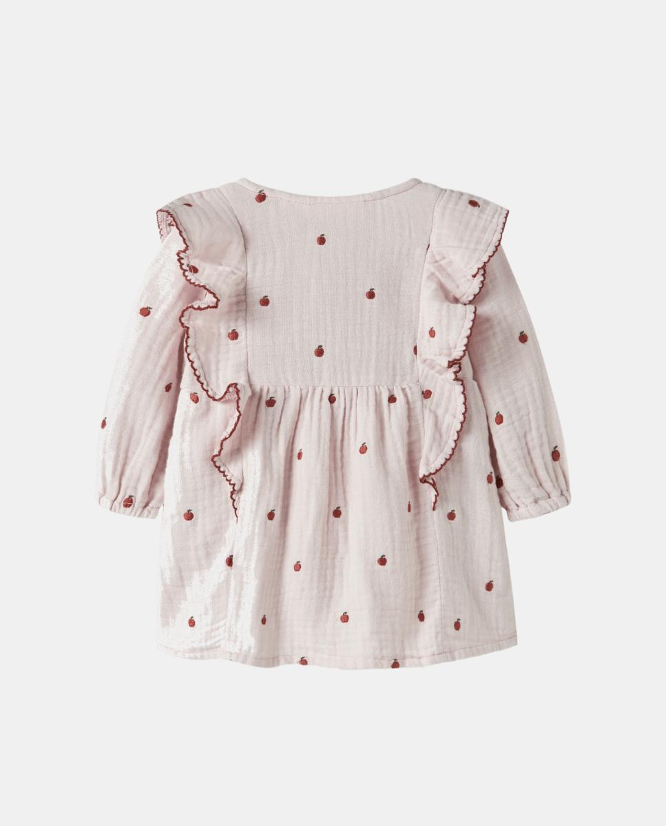 Vestido com Manga Comprida e Bordado de Maçãs Rosa-3