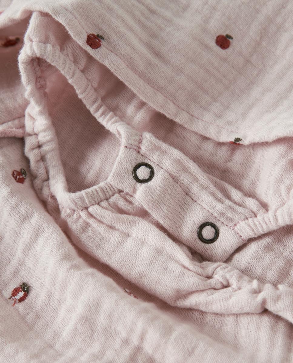 Vestido com Manga Comprida e Bordado de Maçãs Rosa-4