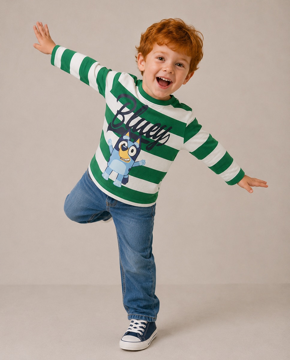 T-shirt Bluey às Riscas Verde-2