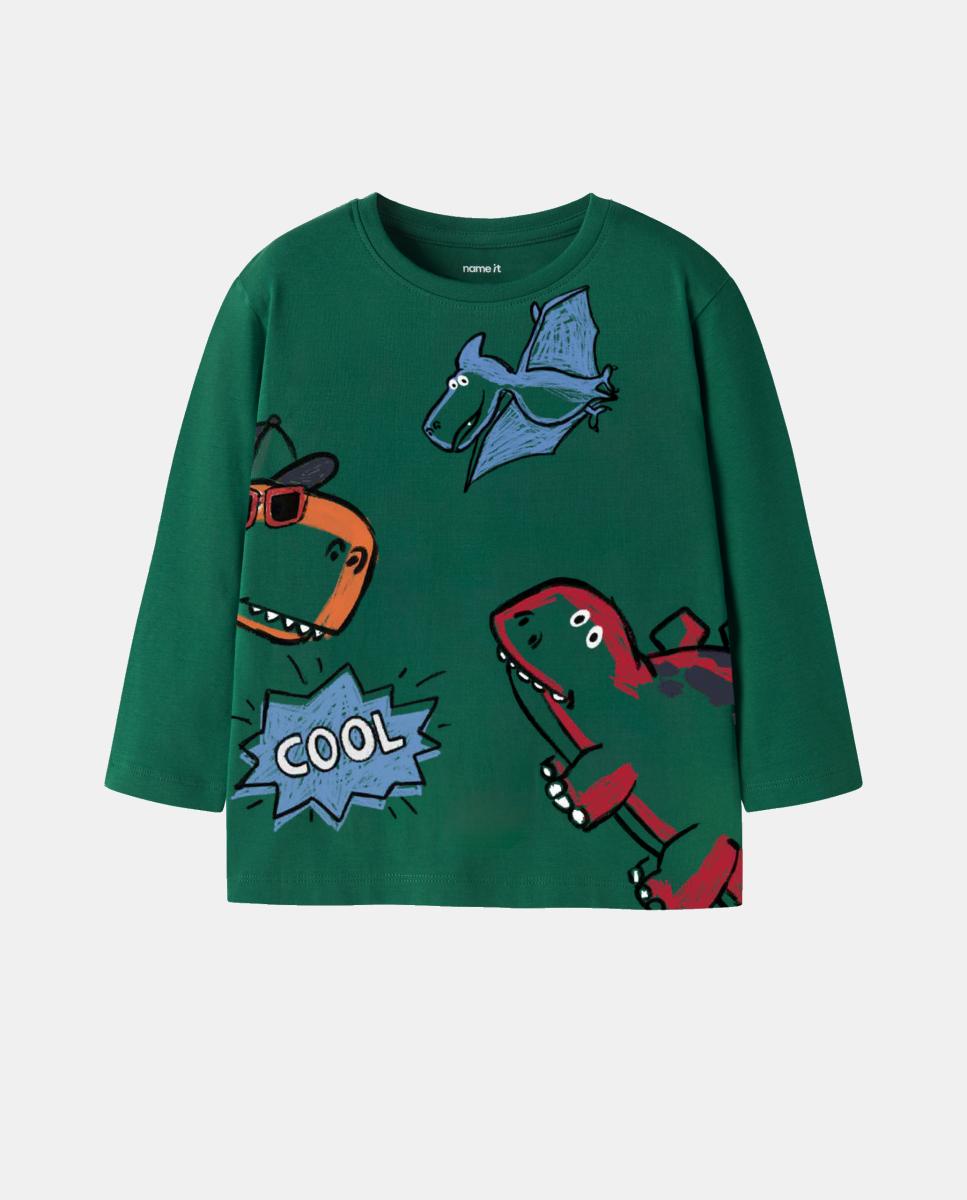 Camisola de Manga Comprida com Estampado de Dinossauro à Frente Verde-2