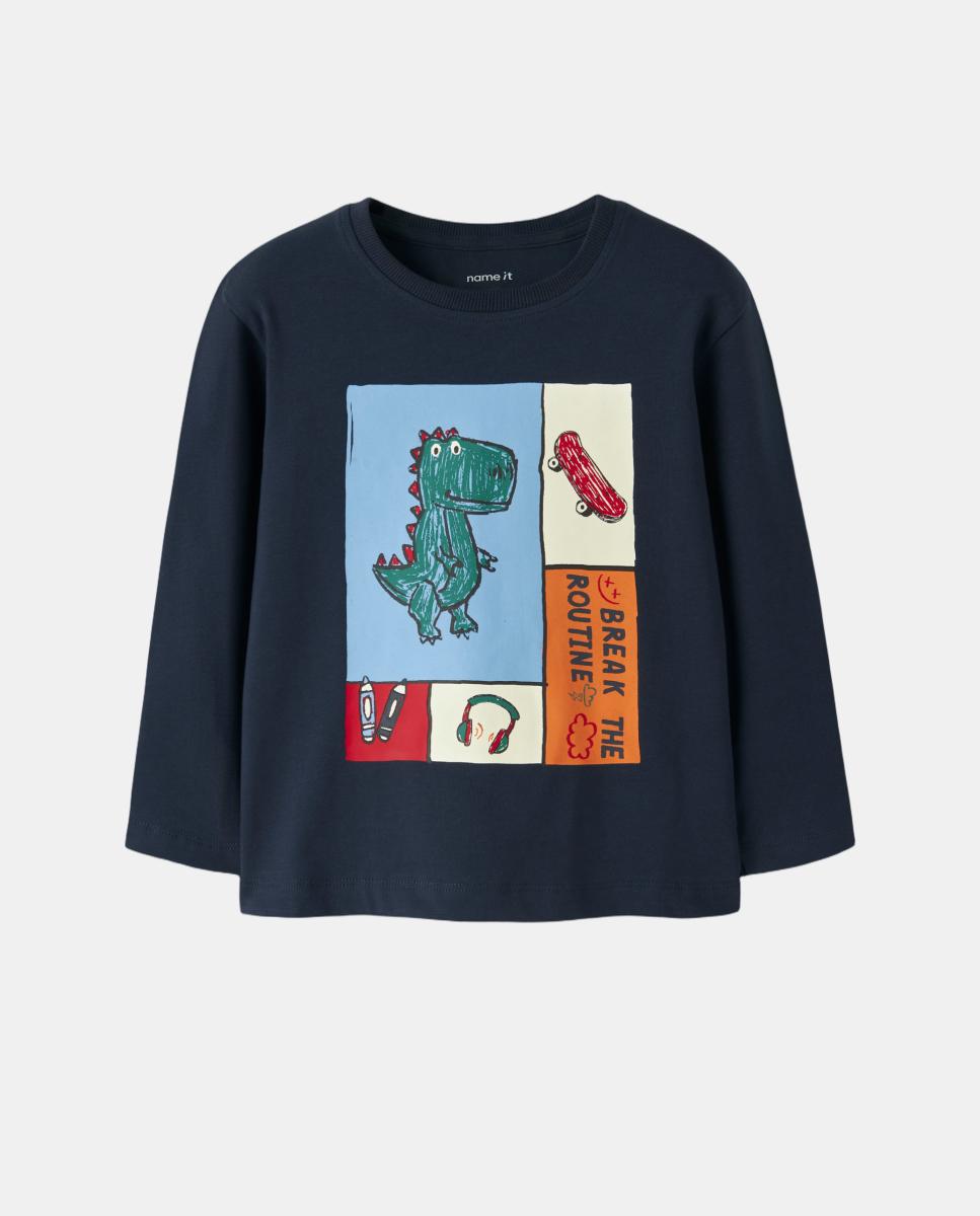 Camisola de Manga Comprida com Estampado de Dinossauro à Frente Azul-marinho-2