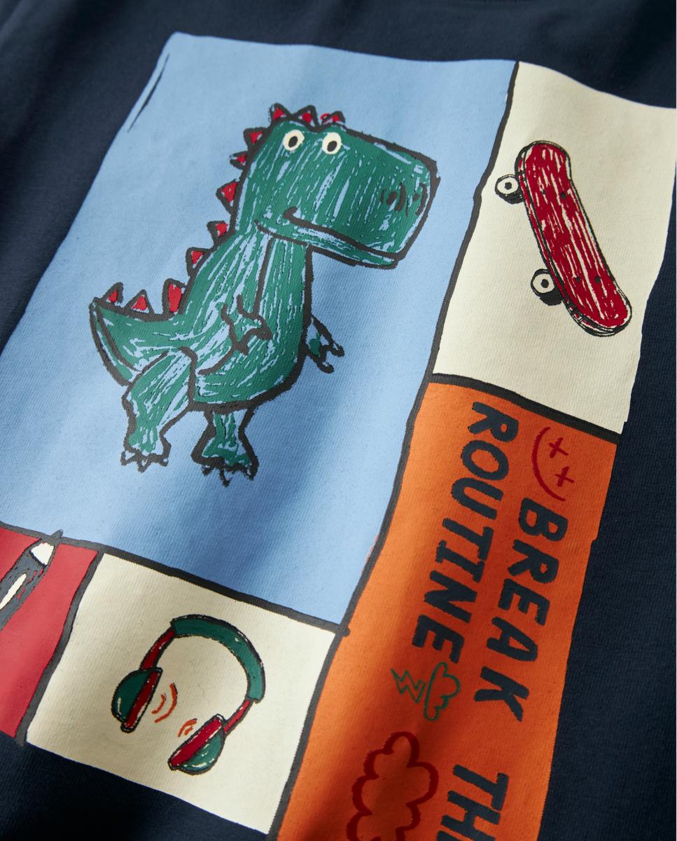 Camisola de Manga Comprida com Estampado de Dinossauro à Frente Azul-marinho-4