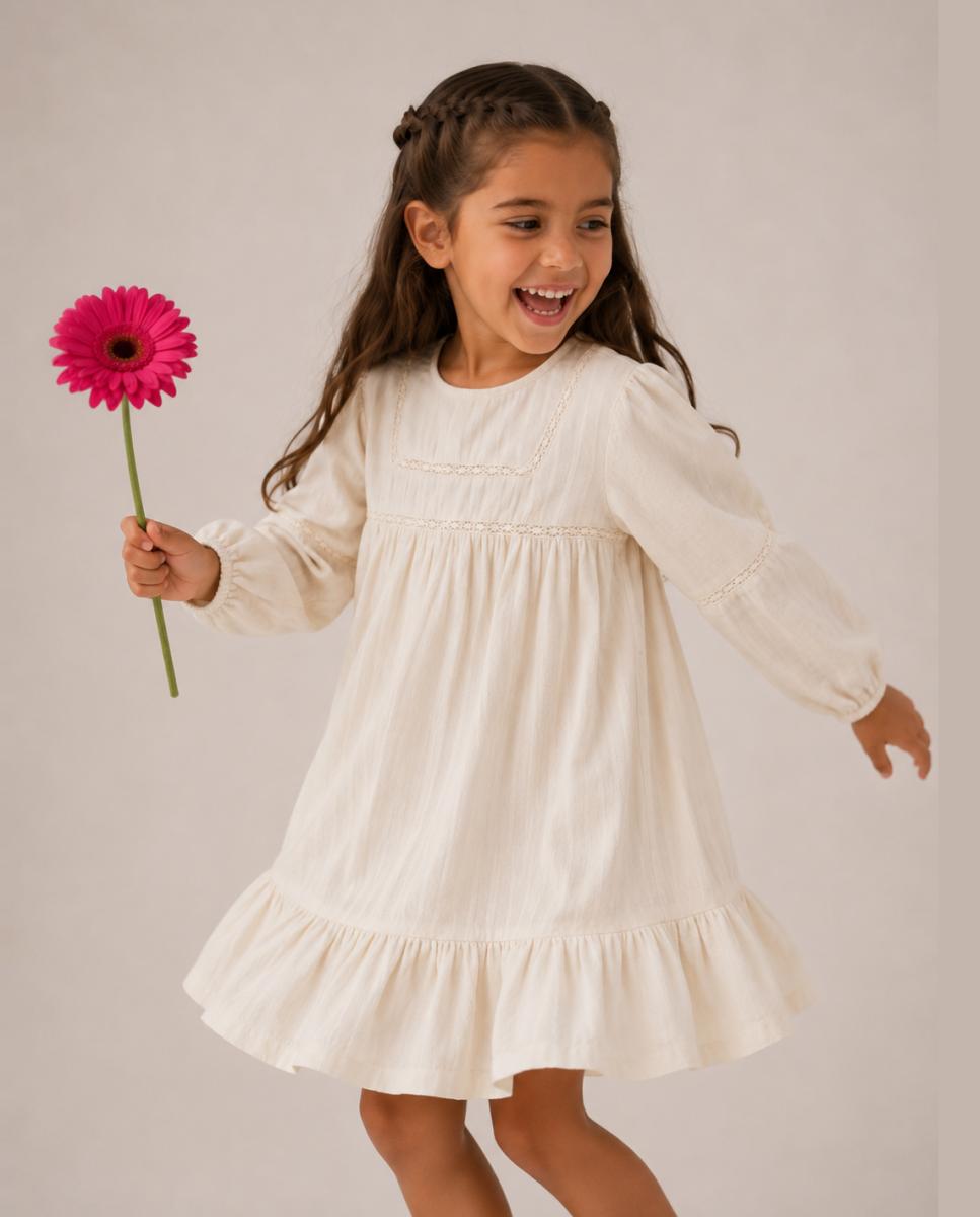 Vestido de manga comprida com decote redondo Bege-2