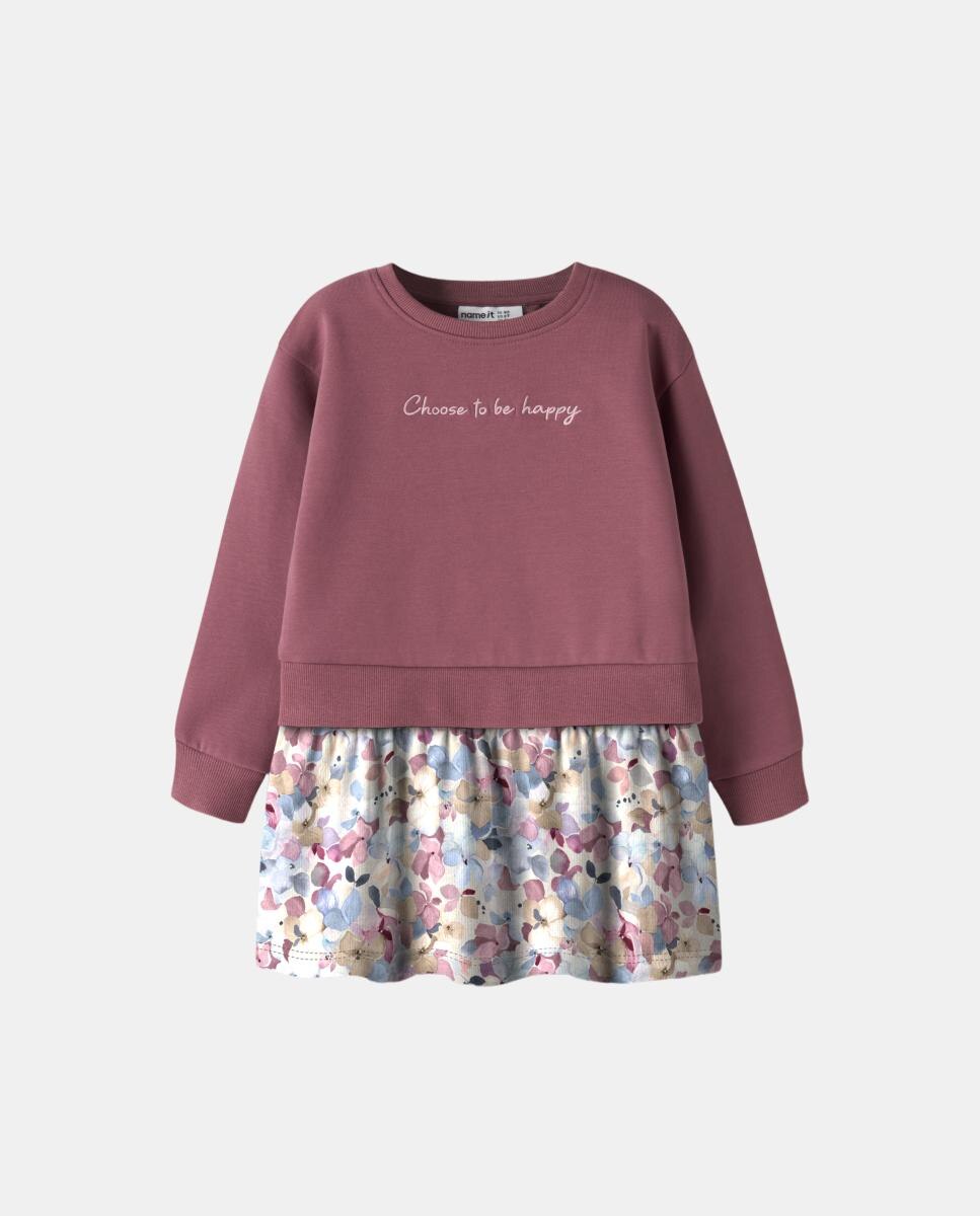 Vestido Tipo Sweatshirt com Saia de Flores Bordeaux-3