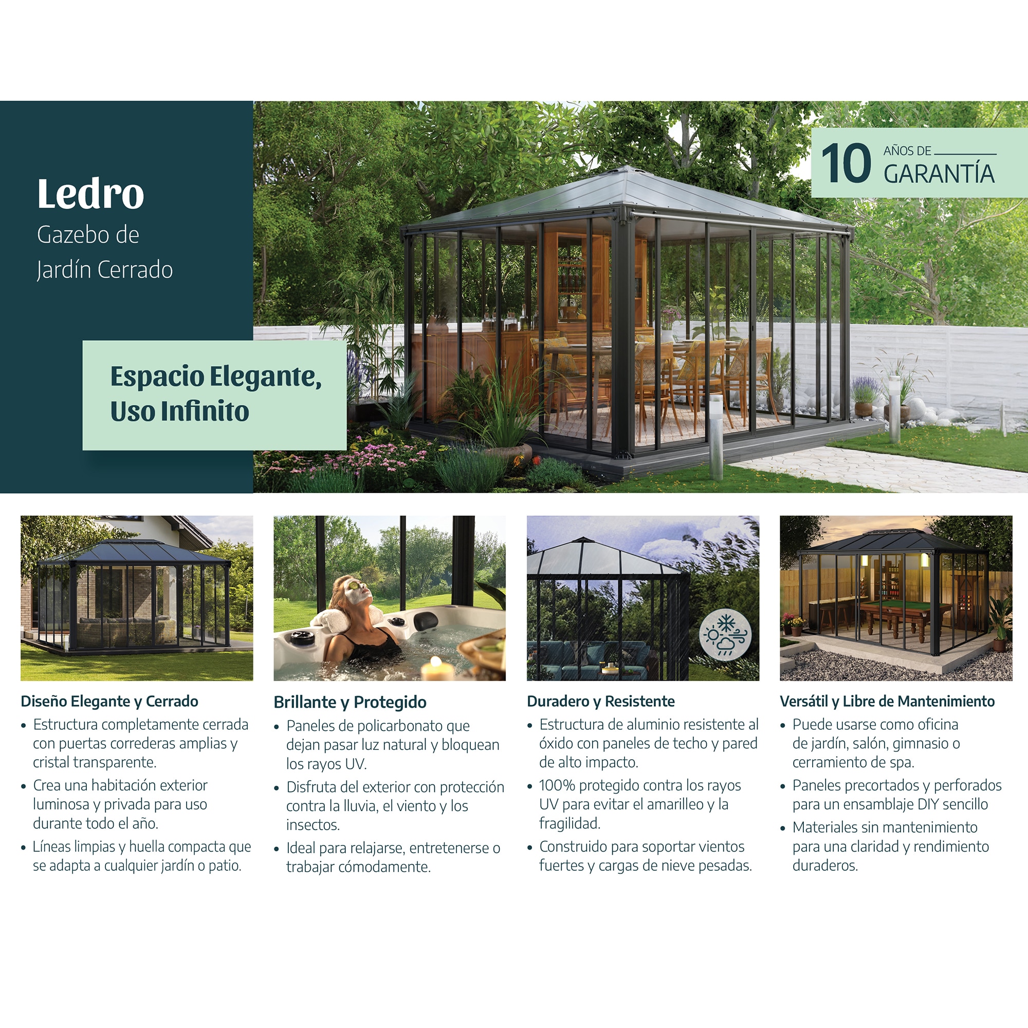 Cenador Aluminio Cuadrado Cerrado Ledro 295 x 295 cm Gris oscuro-16