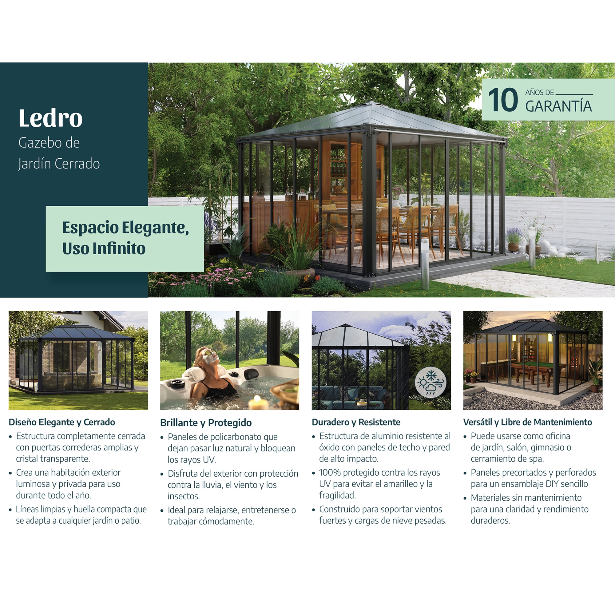 Cenador Aluminio Rectangular Cerrado Ledro 430 x 295 cm Gris oscuro-17